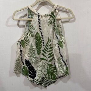 Doe and Rae Tropical Leaf Print Halter Neck Tie Back Top Green Cream Small